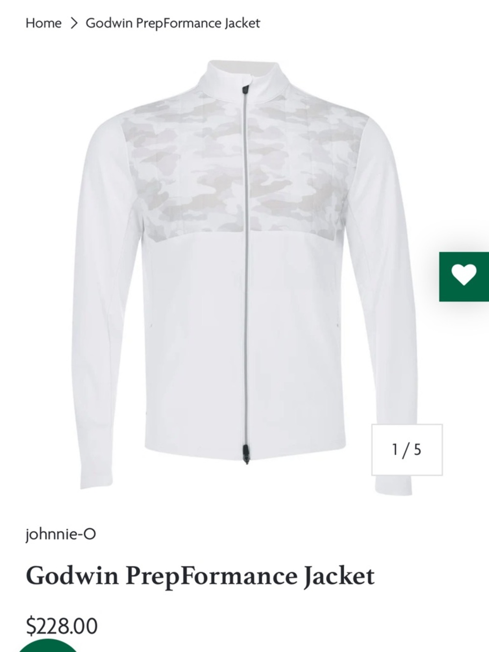 johnnie-O White Performance Jacket with Subtle Gray Camo Yoke
